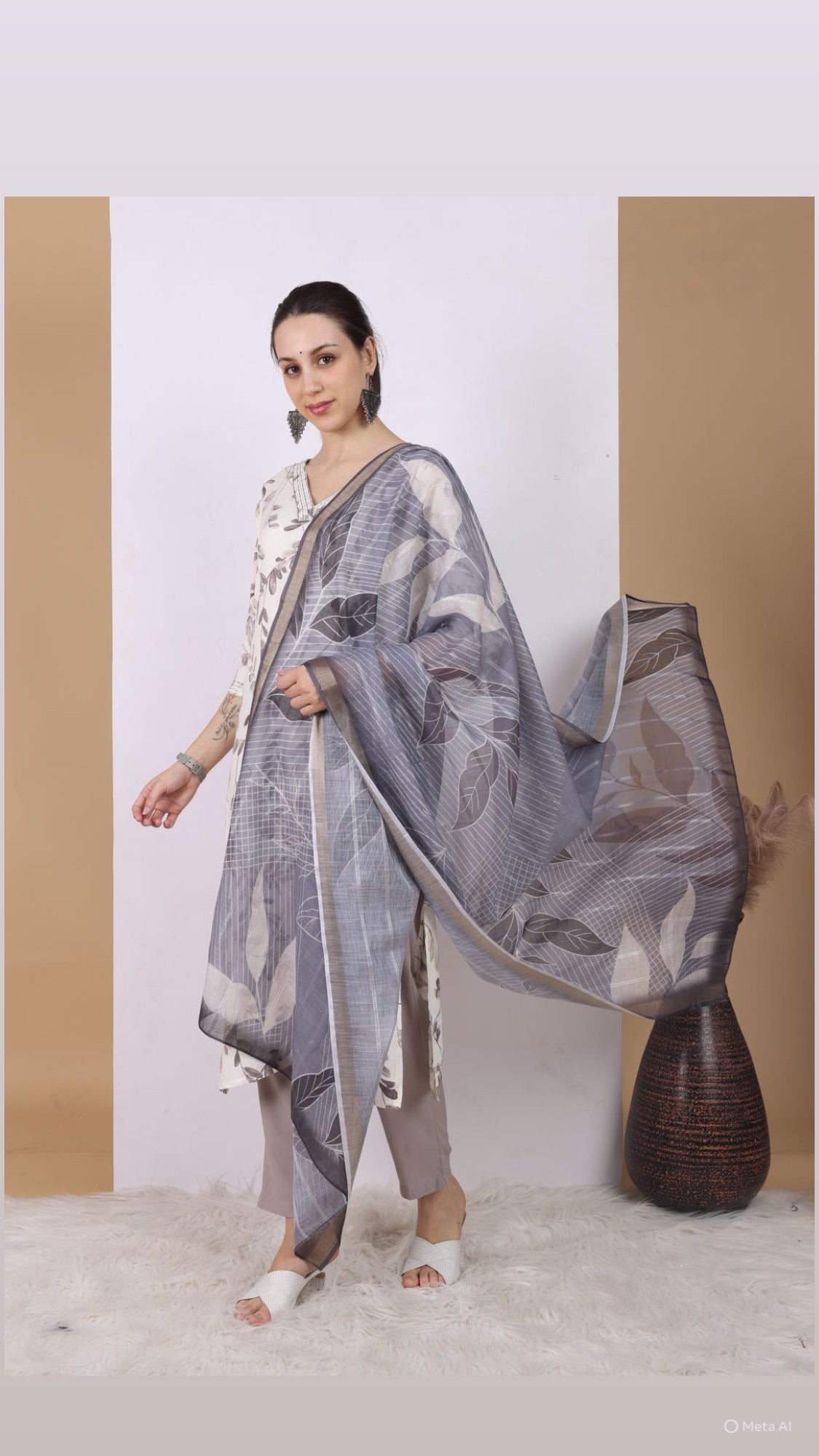 Grey Grace Leafy Pant Set with Dupatta