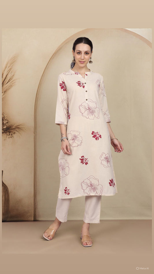 Floral Beige Pant Set without Dupatta