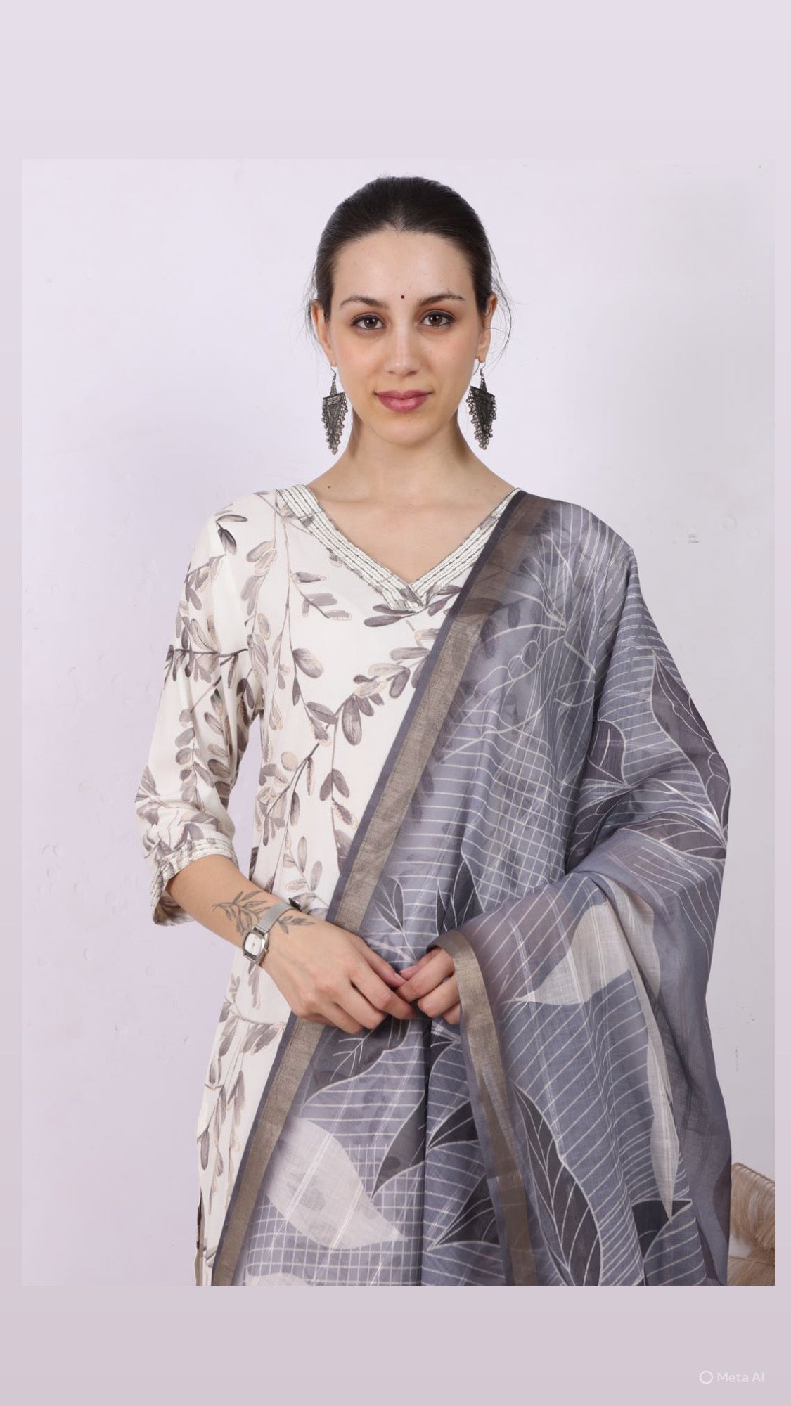 Grey Grace Leafy Pant Set with Dupatta