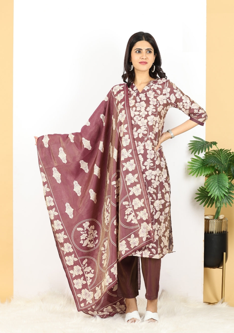 Wine-hued Floral Pant Set with Dupatta