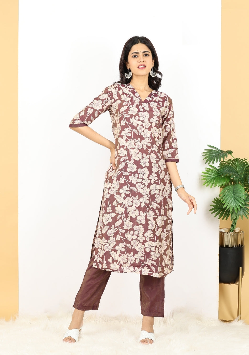 Wine-hued Floral Pant Set with Dupatta