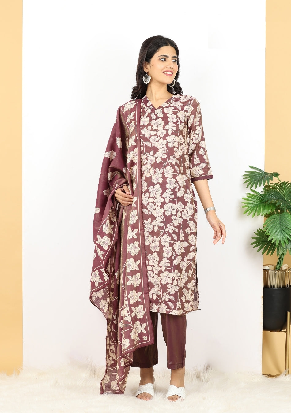 Wine-hued Floral Pant Set with Dupatta