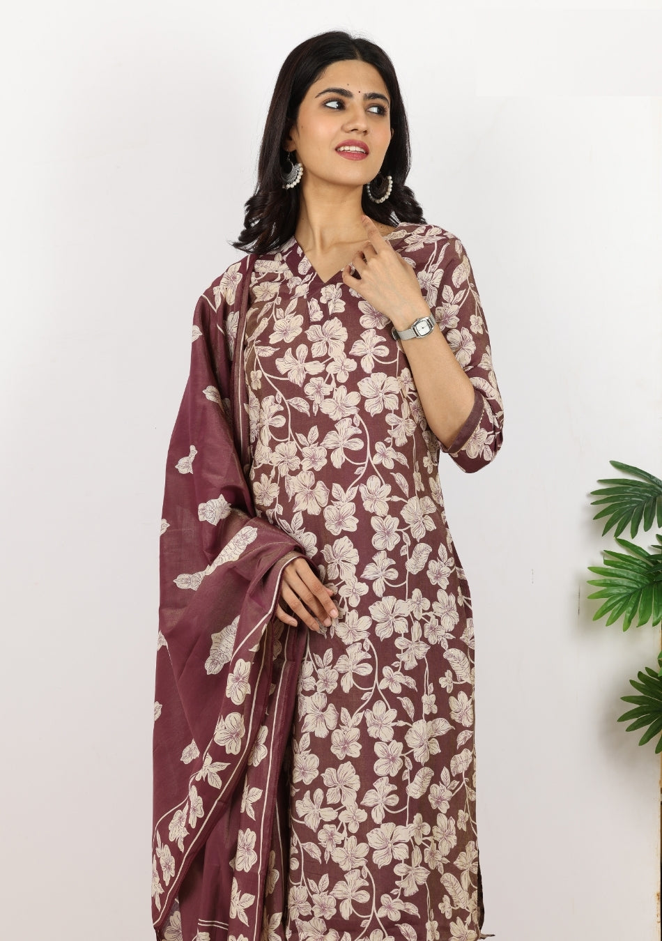 Wine-hued Floral Pant Set with Dupatta