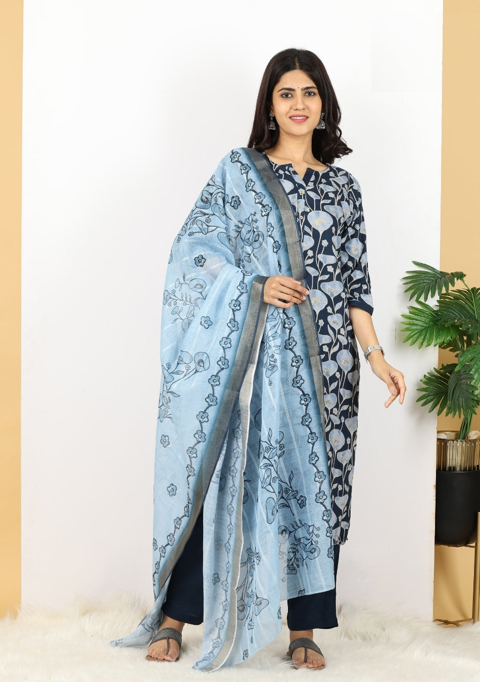 Blue Bloom Pant Set with Dupatta