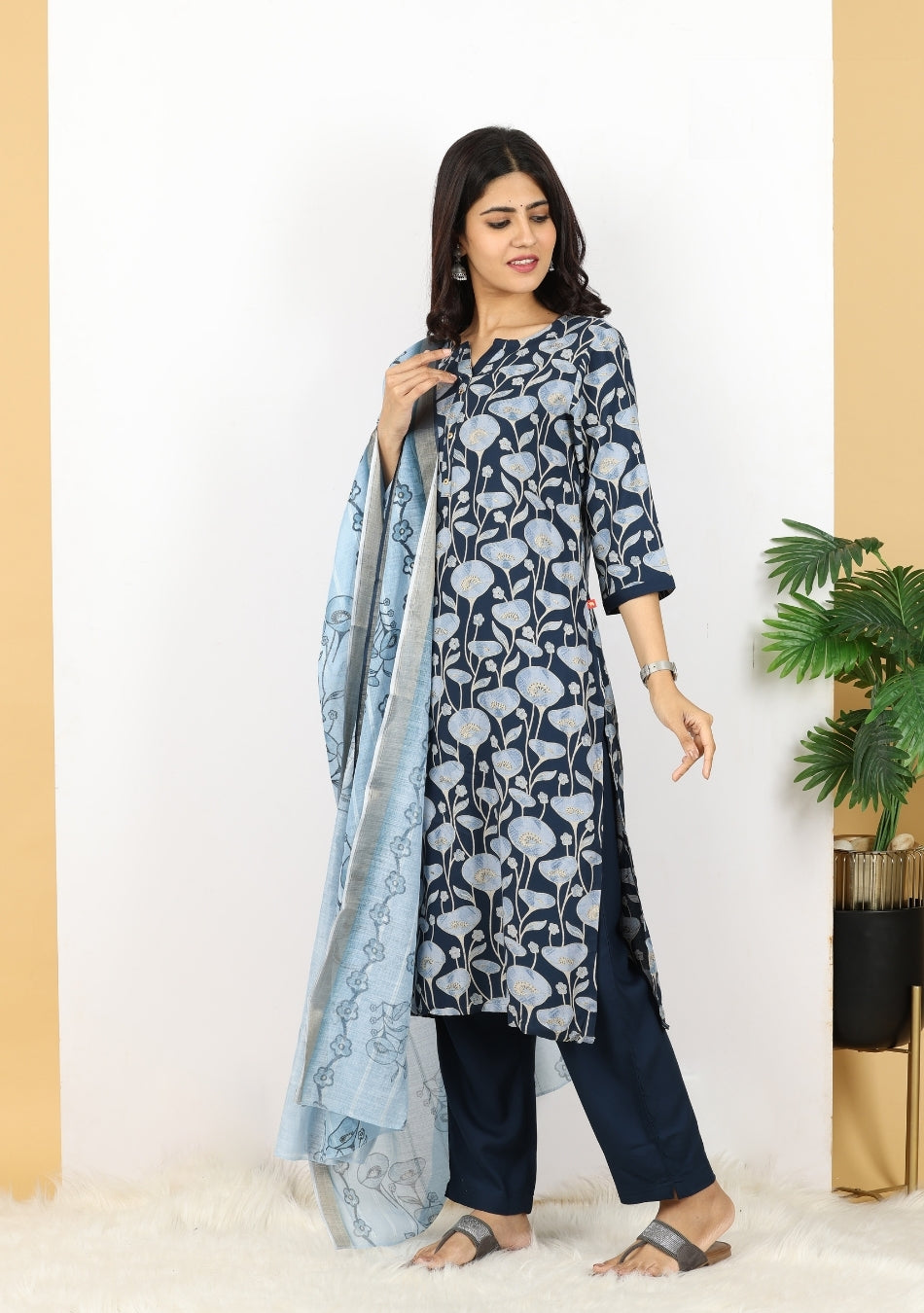 Blue Bloom Pant Set with Dupatta