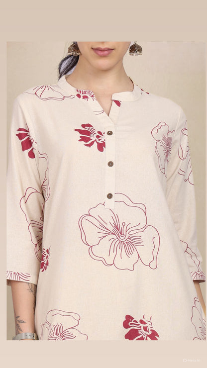 Floral Beige Pant Set without Dupatta