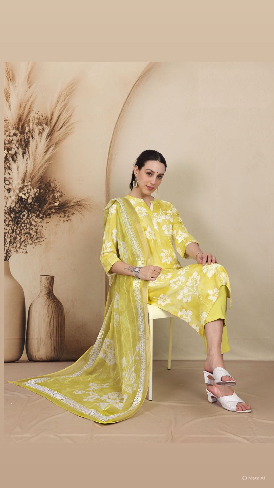 Lemon Glow Floral Pant Set with Dupatta