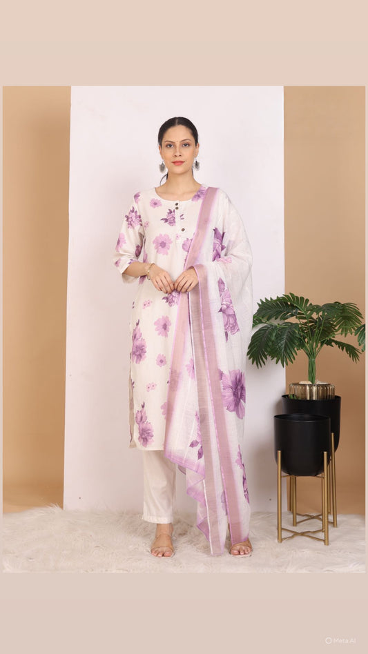 Purple Floral Pant Set with Dupatta