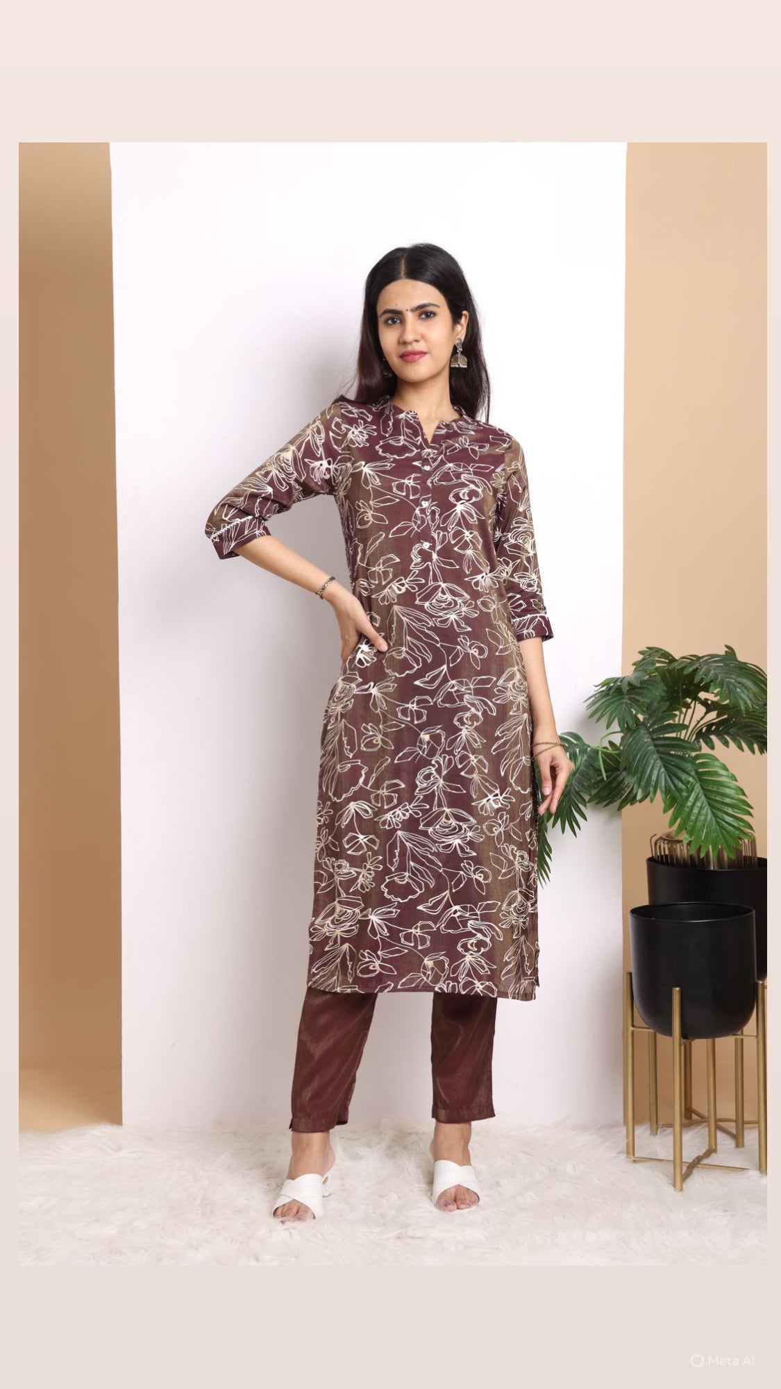 Coffee Brown Floral Pant Set with Dupatta