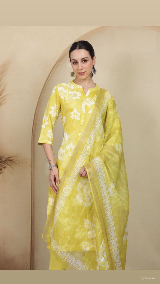 Lemon Glow Floral Pant Set with Dupatta