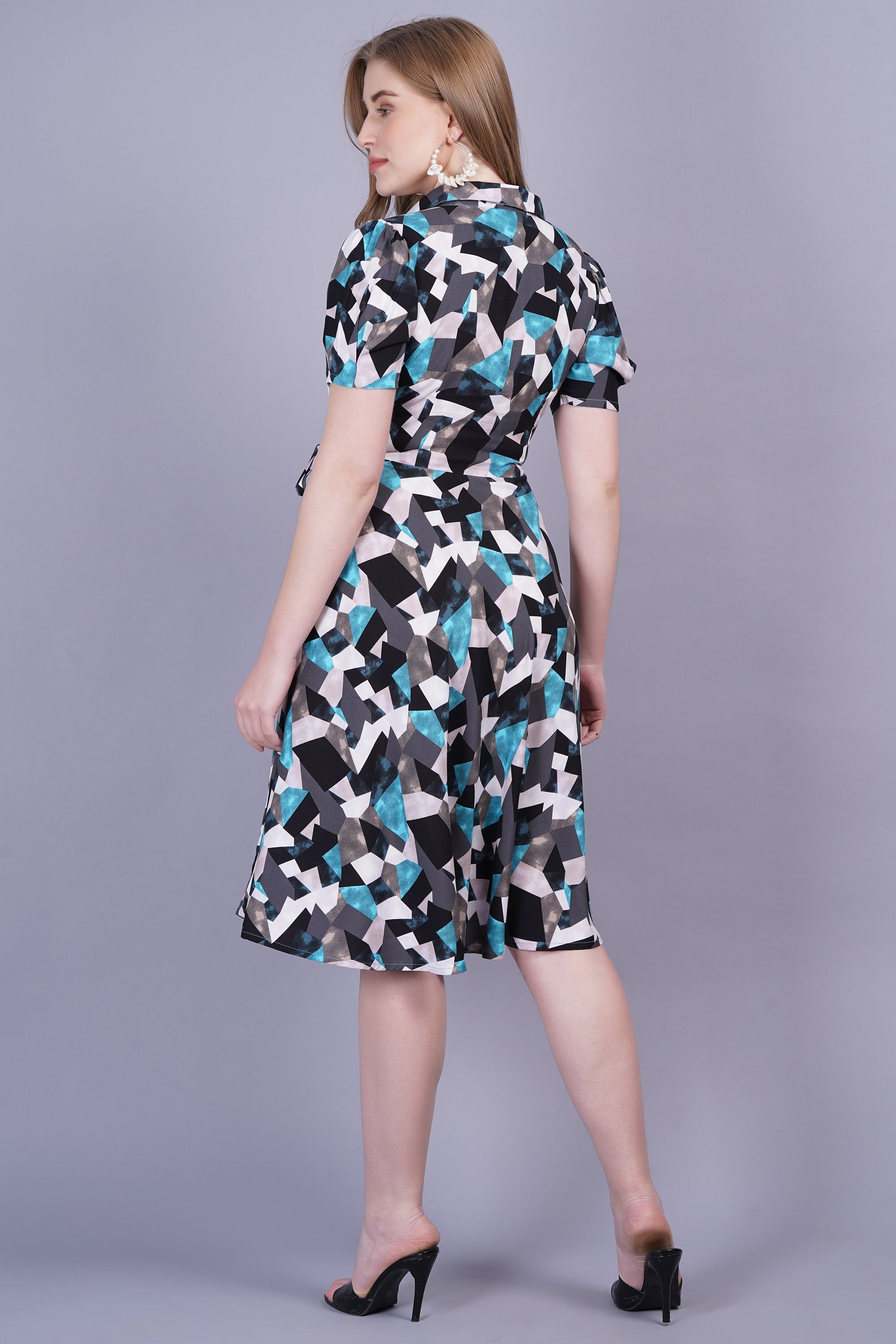 Blue Abstract Wrap-on Side Belt Dress