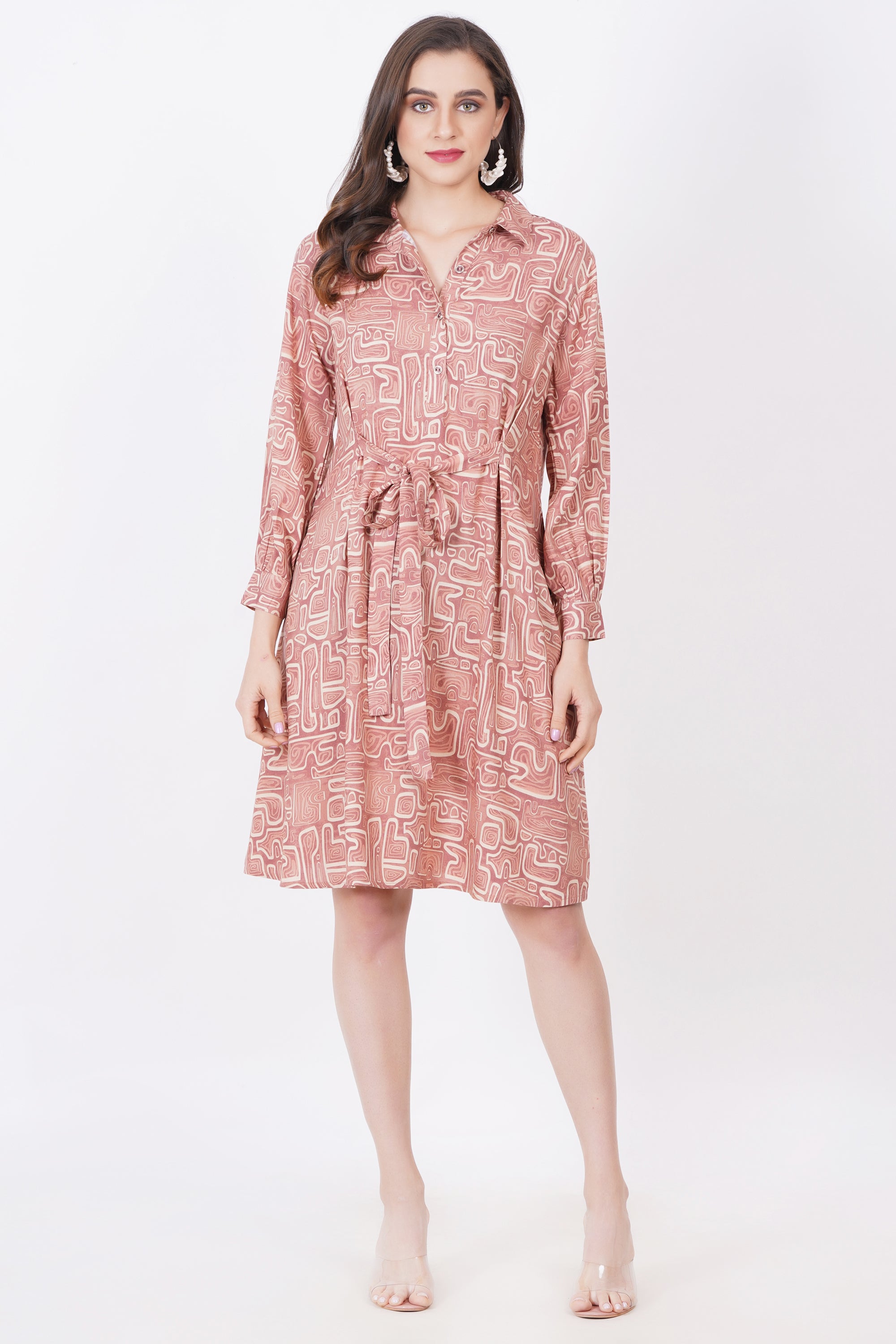 Brown abstract Straight Fit Dress with Belt