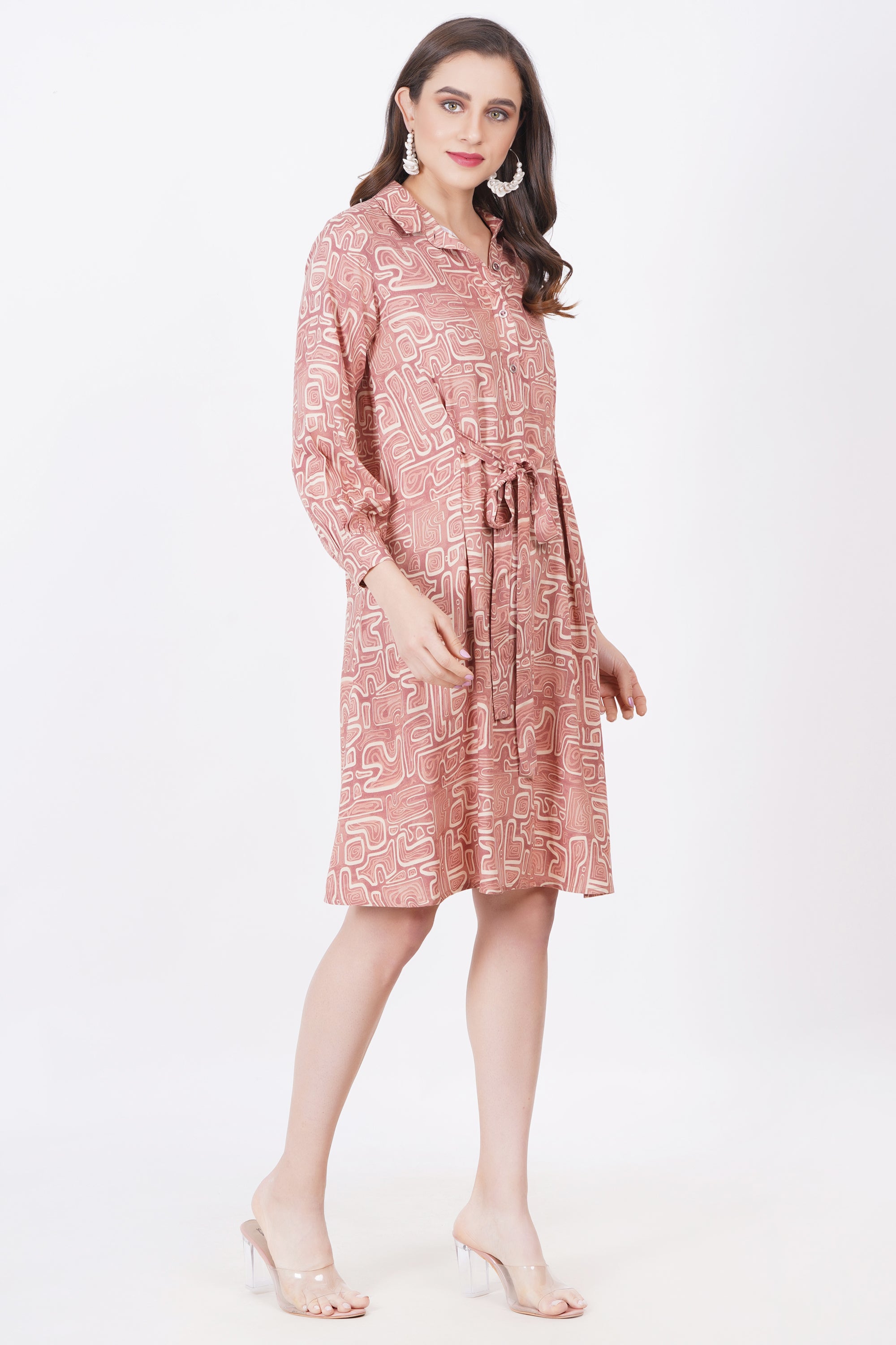 Brown abstract Straight Fit Dress with Belt