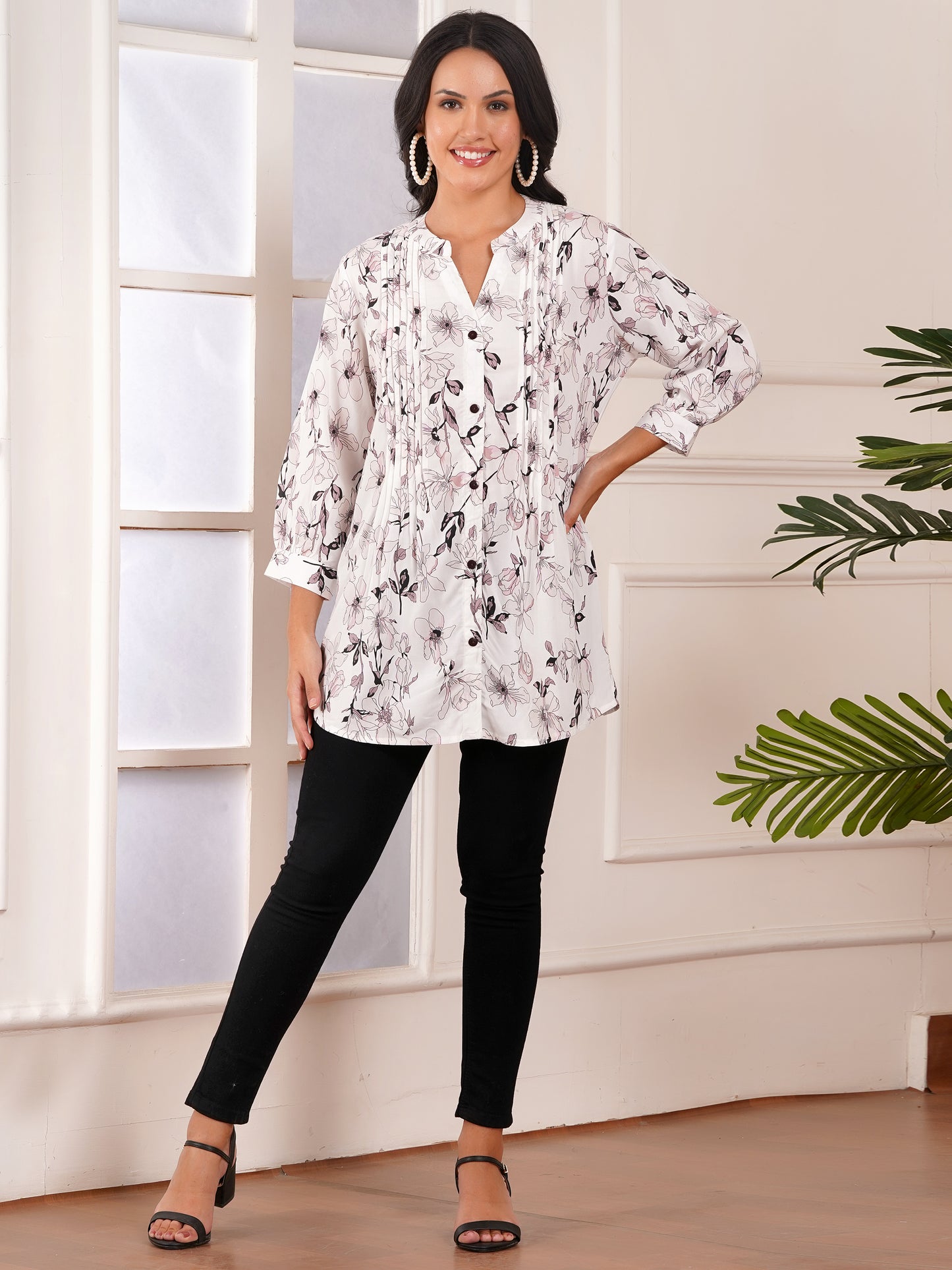 Ivory Floral Pintucks Top