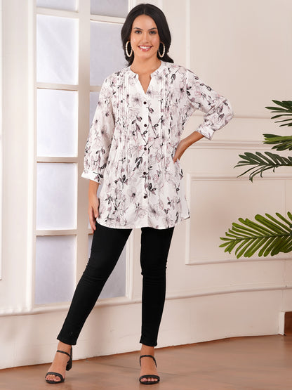 Ivory Floral Pintucks Top