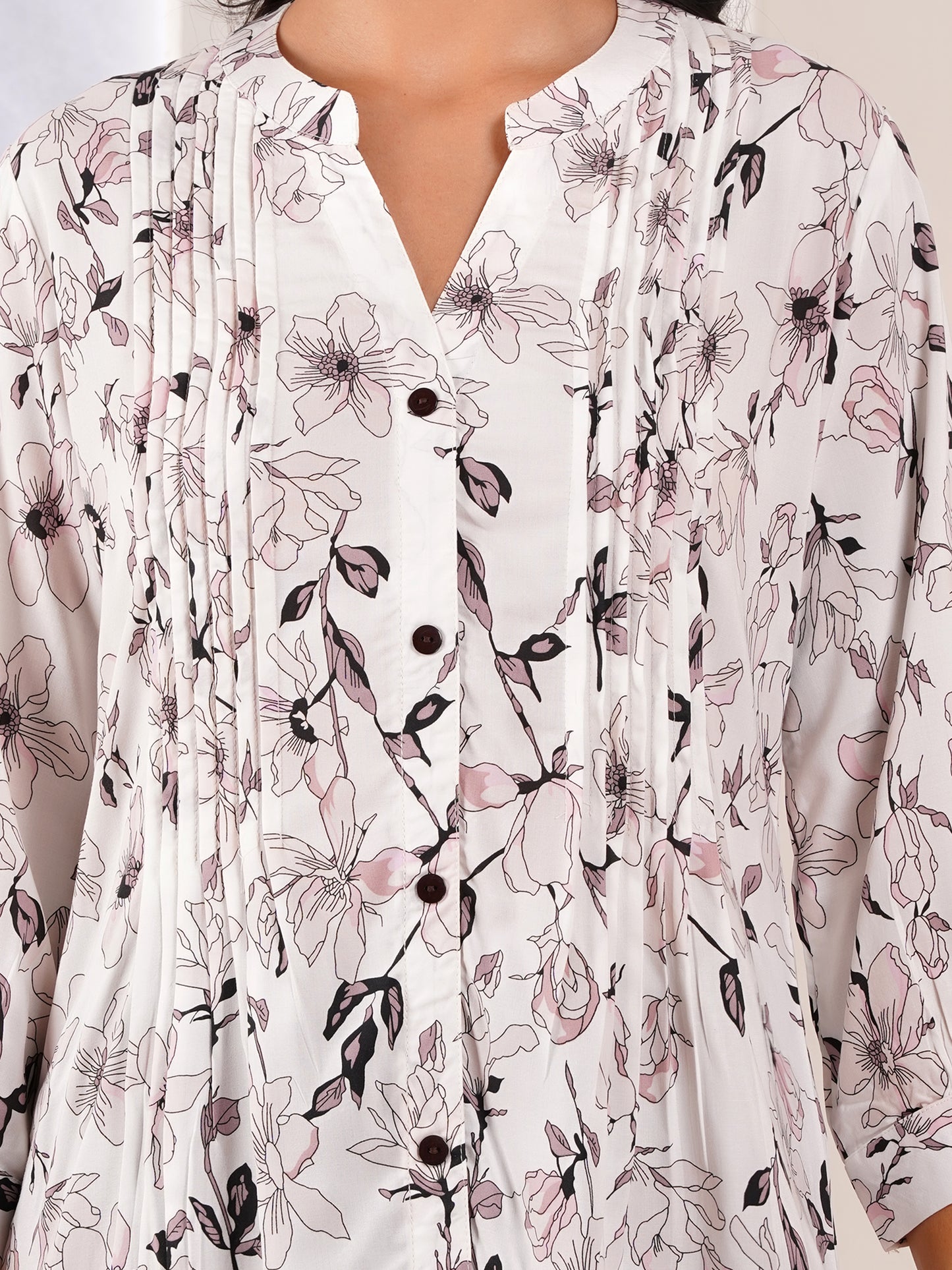 Ivory Floral Pintucks Top