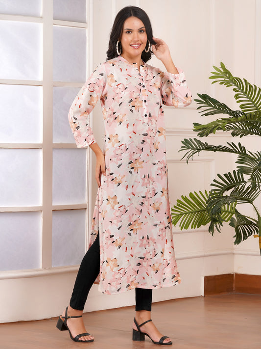Soft Blush Floral Straight Side Slit Kurti