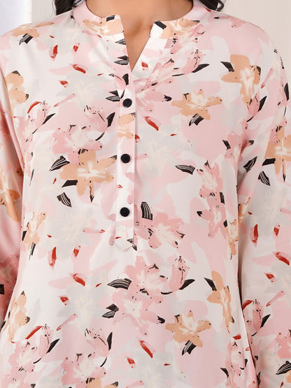 Soft Blush Floral Straight Side Slit Kurti