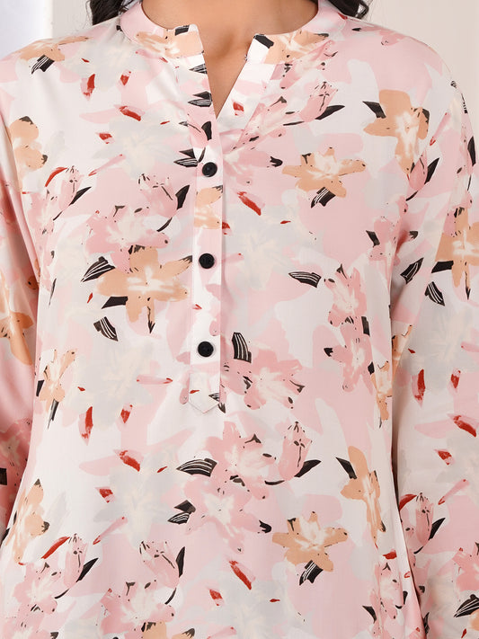 Soft Blush Floral Straight Side Slit Kurti