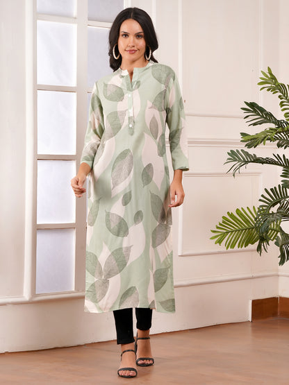 Green Leaf Straight Side Slit Kurti