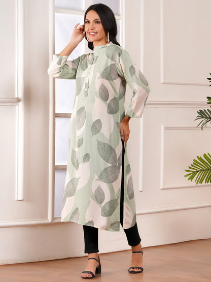 Green Leaf Straight Side Slit Kurti