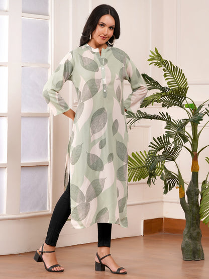Green Leaf Straight Side Slit Kurti