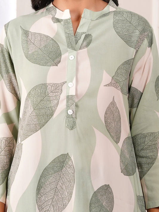 Green Leaf Straight Side Slit Kurti