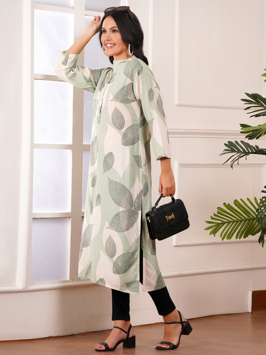 Green Leaf Straight Side Slit Kurti