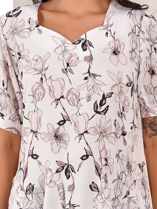 Ivory Floral Short Flared Dress