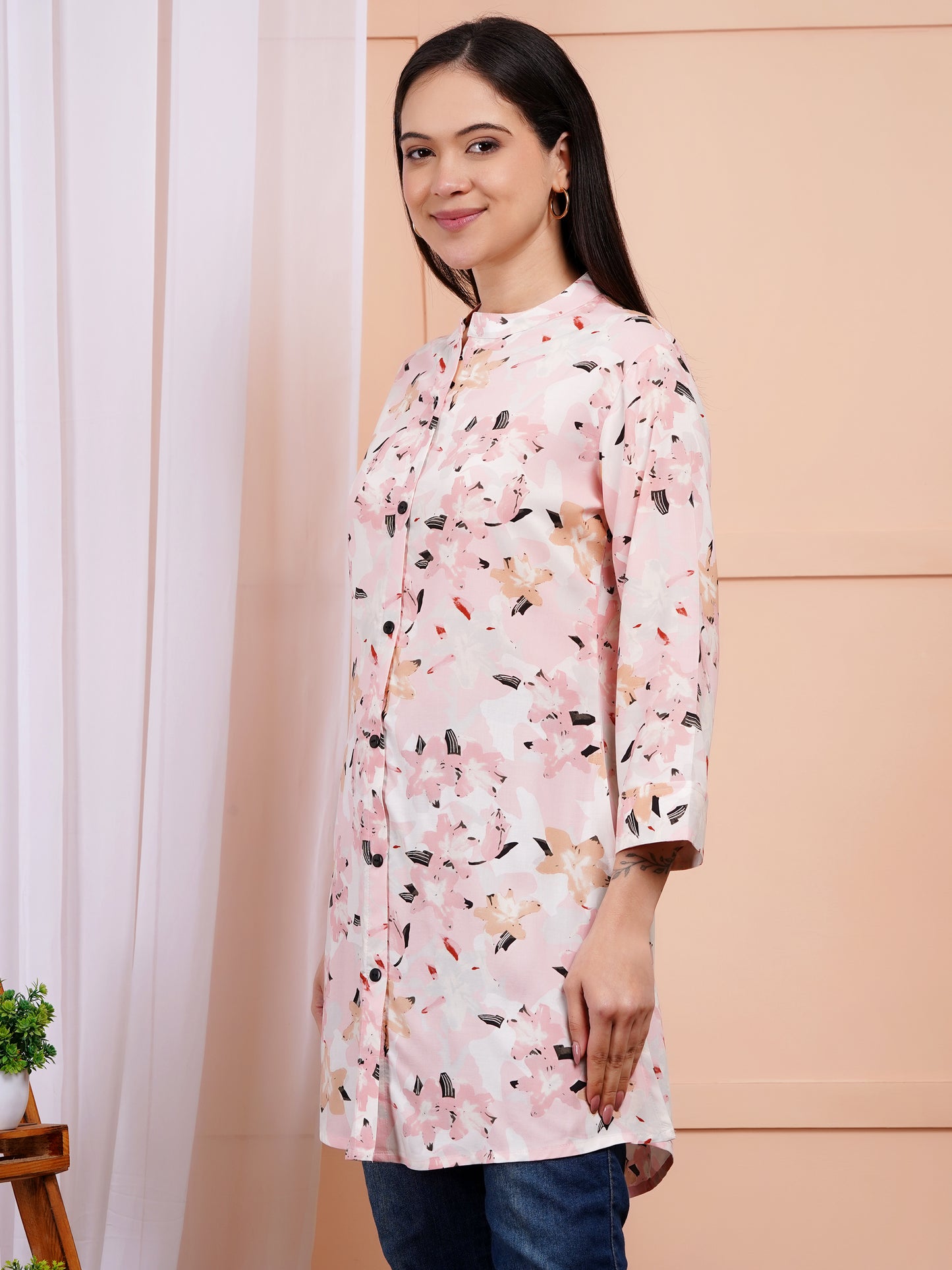 Soft Blush Floral Short Kurti
