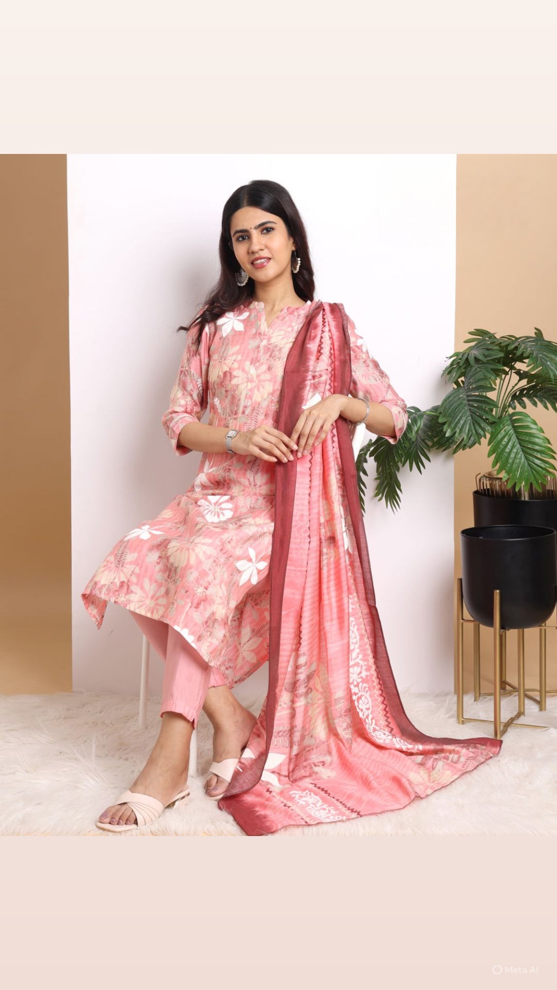 Blush Pink Floral Pant Set with Dupatta