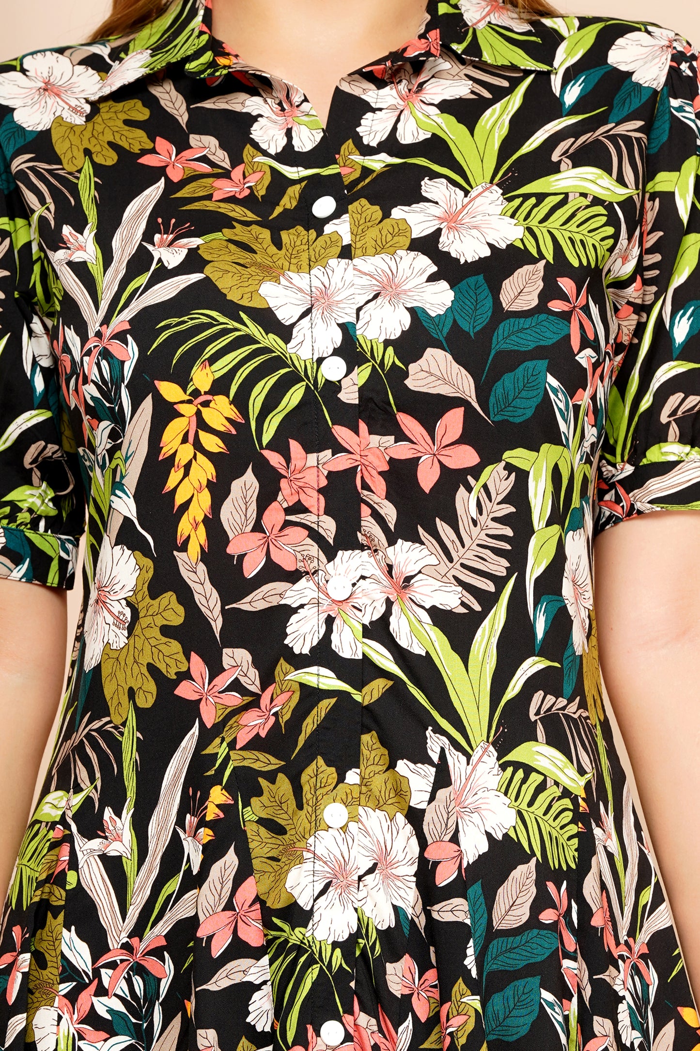 Tropical Floral Short Midi Dress