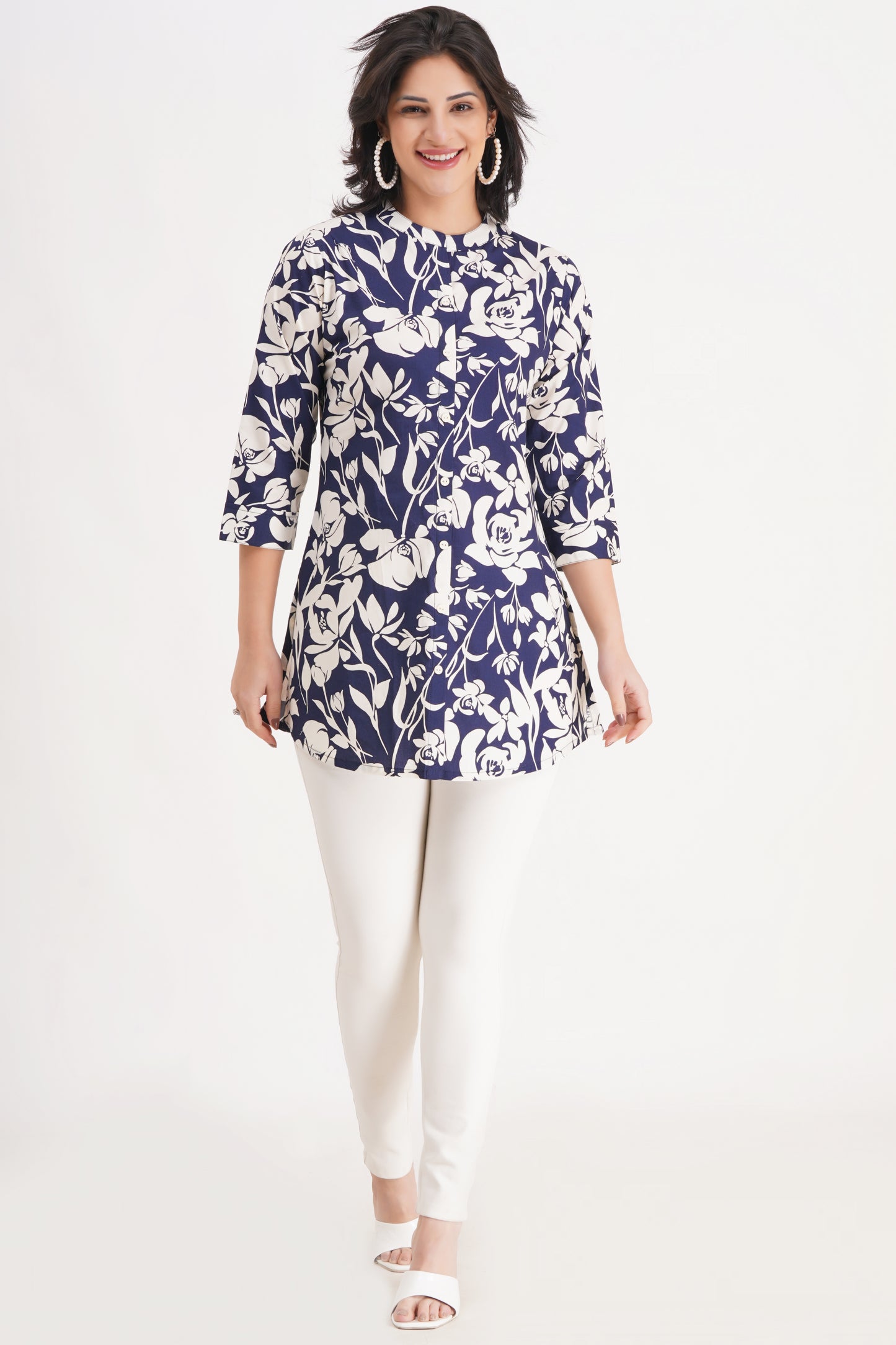 Navy Floral Printed Short Kurti