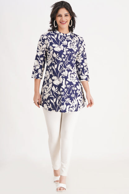 Navy Floral Printed Short Kurti