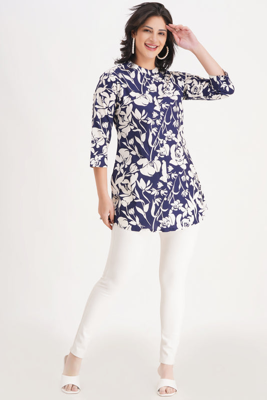 Navy Floral Printed Short Kurti