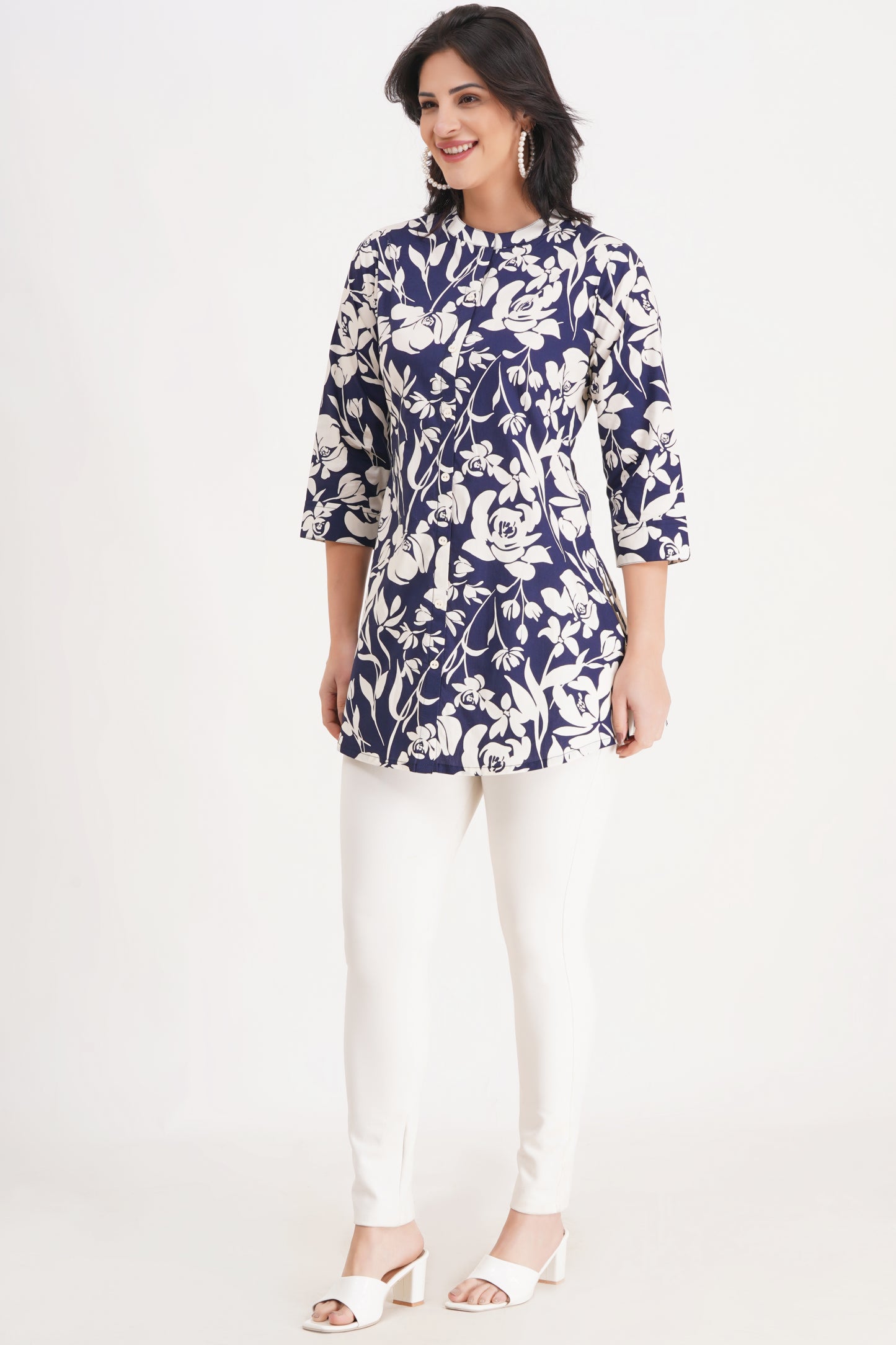 Navy Floral Printed Short Kurti
