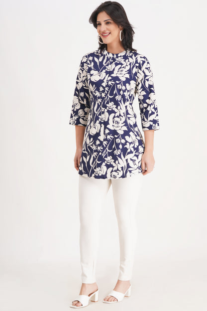 Navy Floral Printed Short Kurti