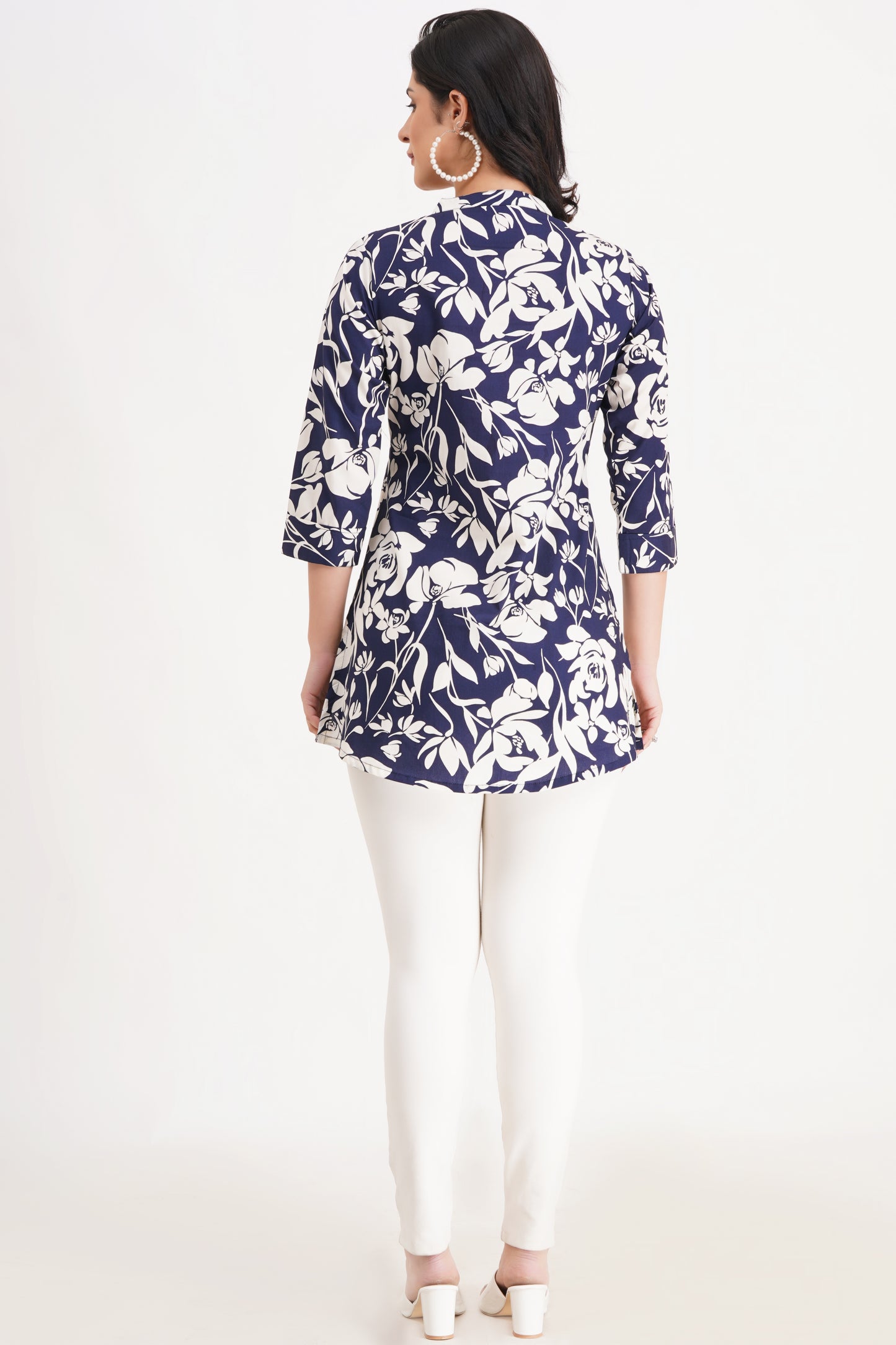 Navy Floral Printed Short Kurti