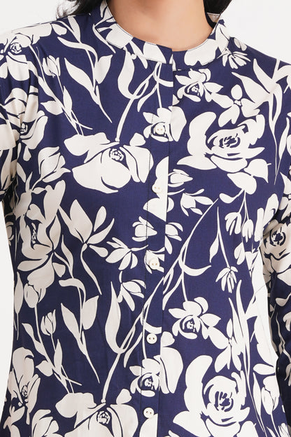 Navy Floral Printed Short Kurti