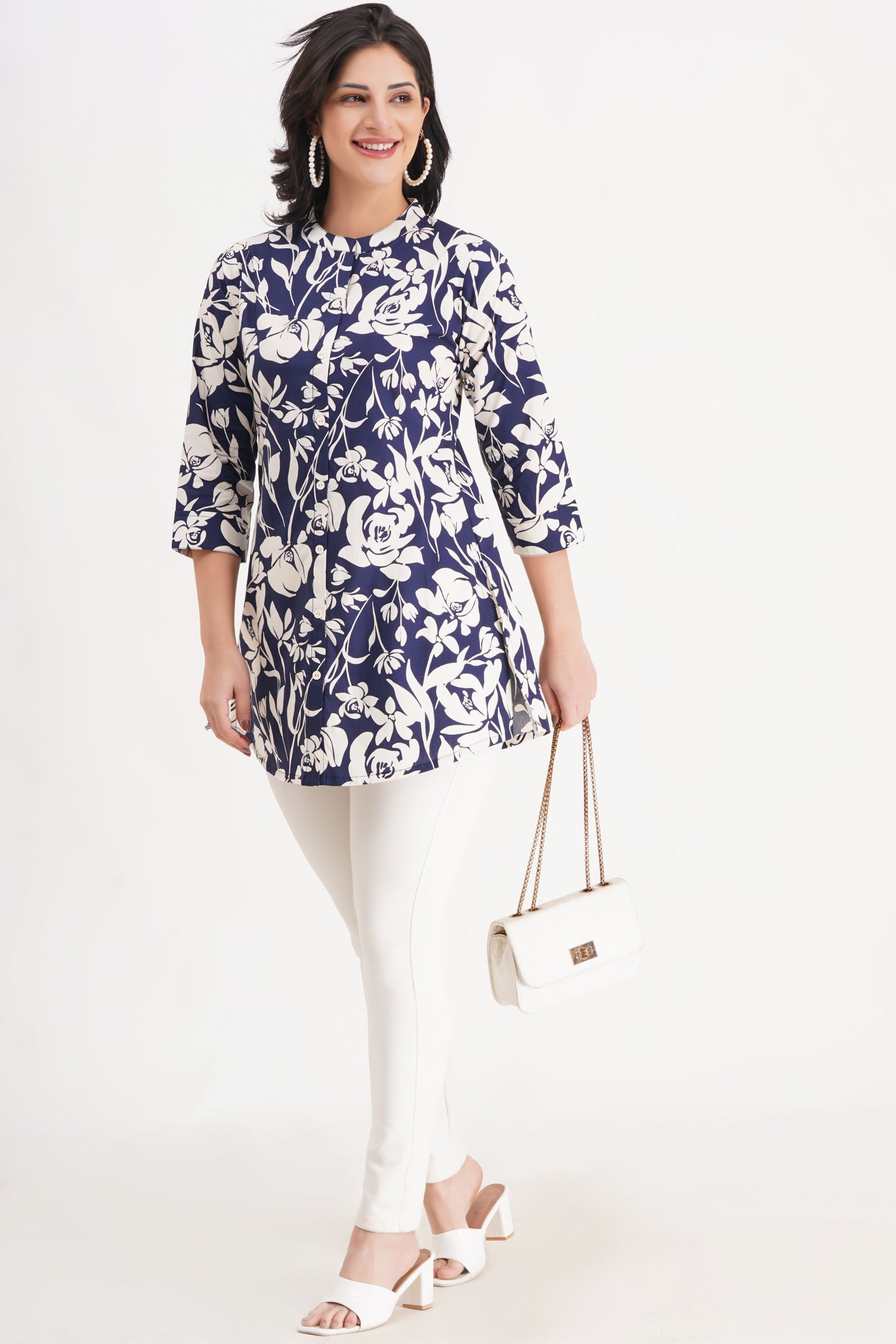 Navy Floral Printed Short Kurti