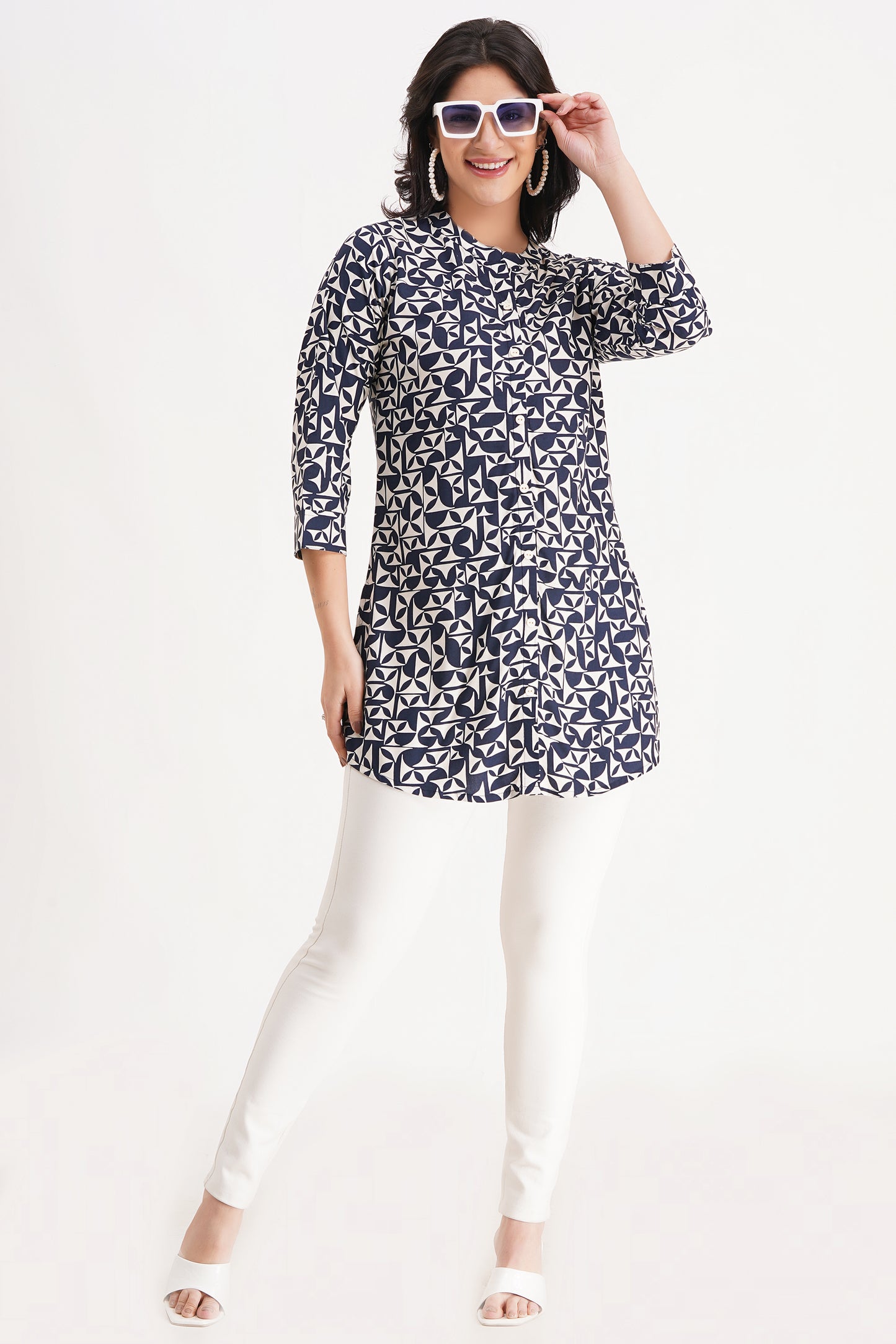 Navy Geometric Print Short Kurti
