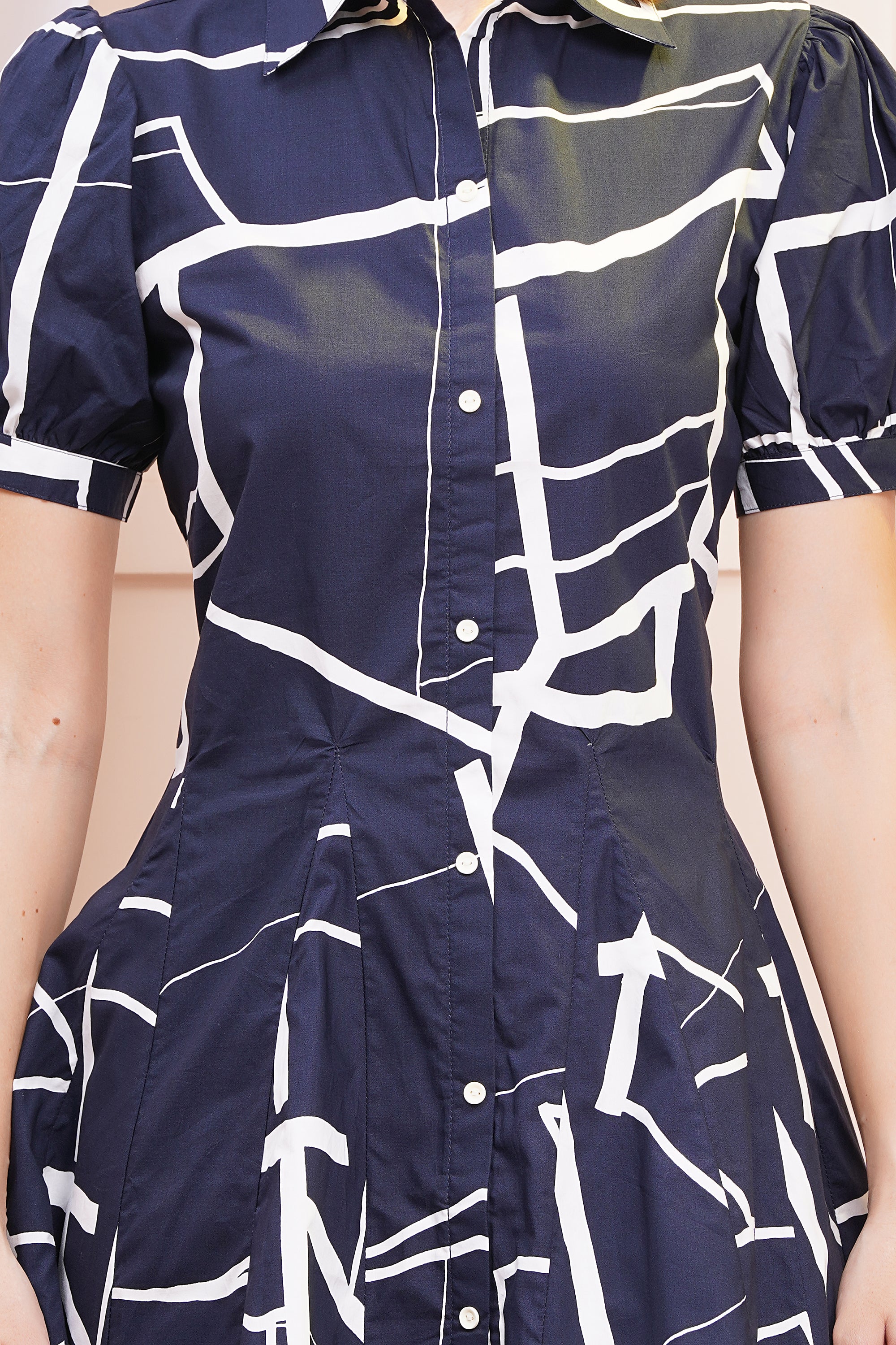 Geometric Chic Navy-Blue Short Midi Dress