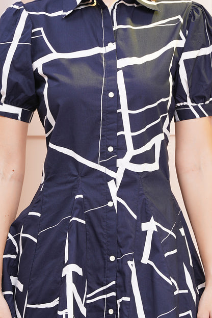Geometric Chic Navy-Blue Short Midi Dress