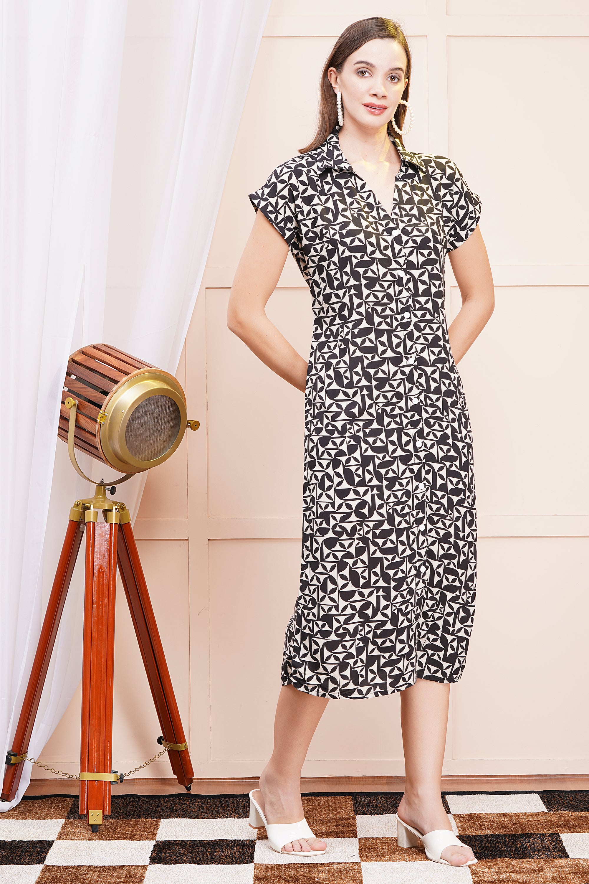 Monochrome Maze A-Line Shirt Dress