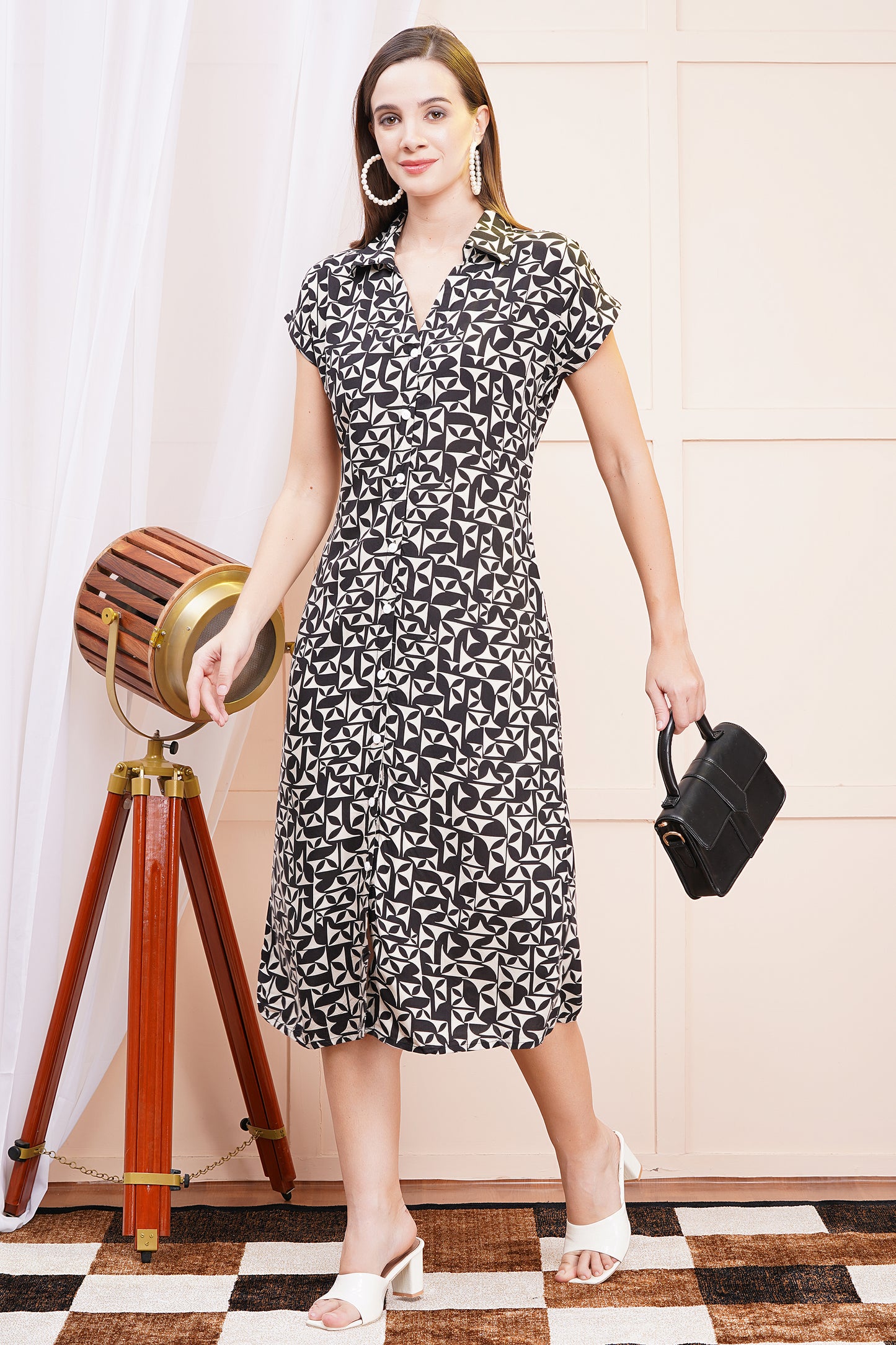 Monochrome Maze A-Line Shirt Dress