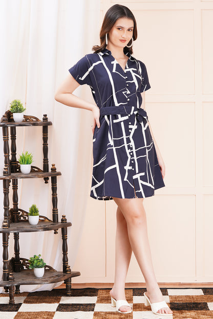 Geometric Chic Navy-Blue Short Midi Dress