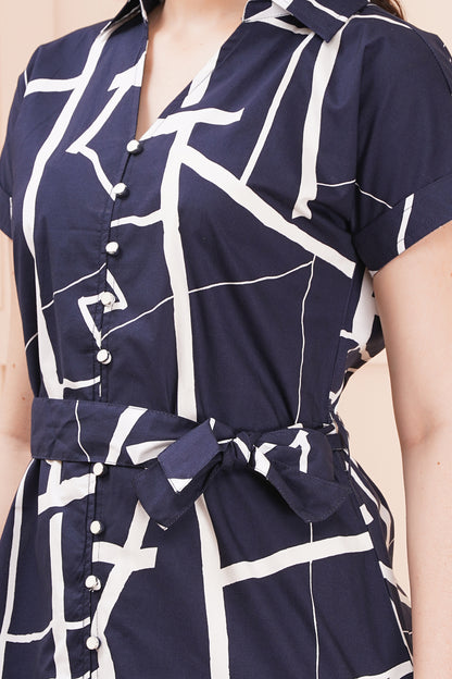 Geometric Chic Navy-Blue Short Midi Dress