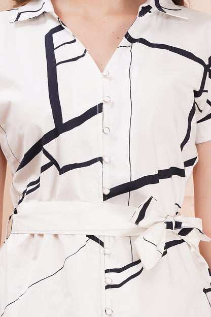 Geometric Chic White Short Midi Dress
