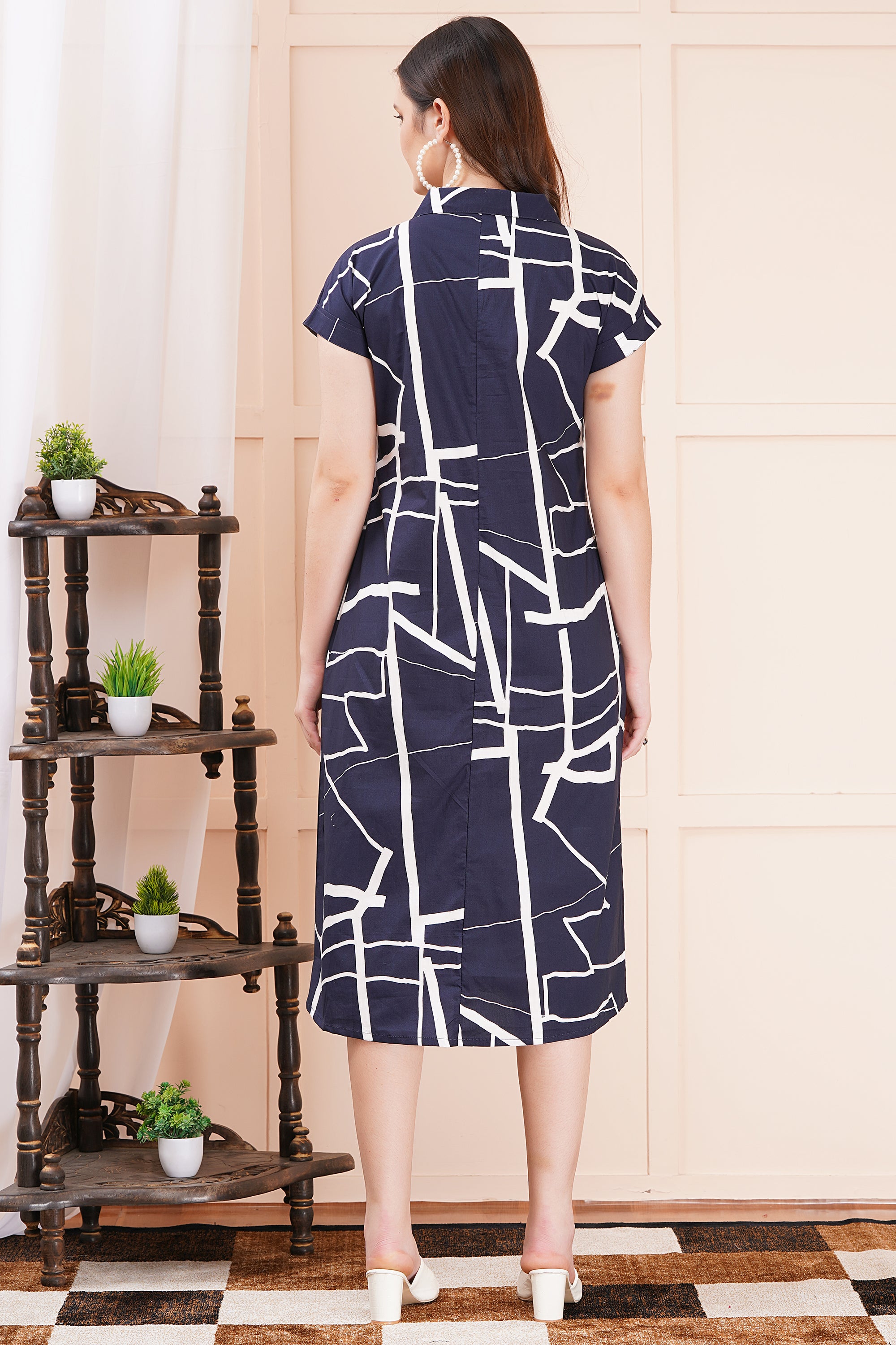 Geometric Chic Navy-Blue A-Line Shirt Dress