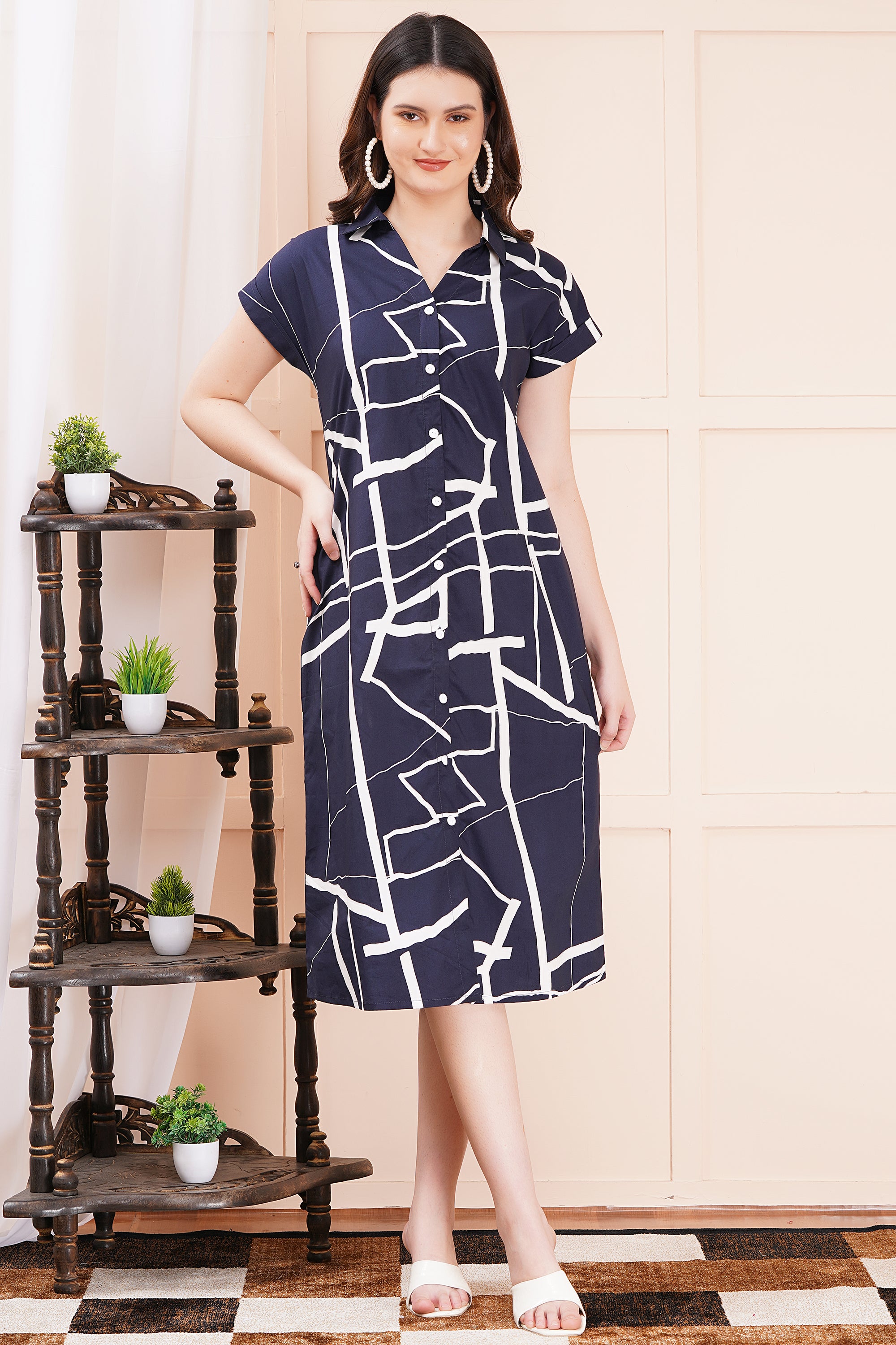 Geometric Chic Navy-Blue A-Line Shirt Dress